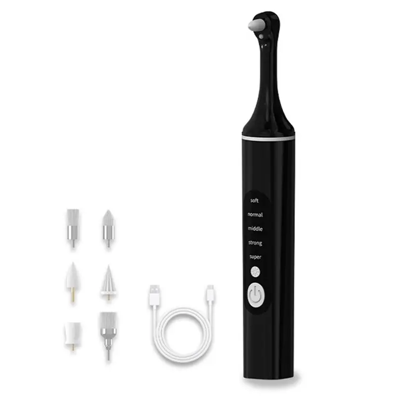 DT19-Tooth Whitening Kit With Rechargeable Polisher And 6 Brush Heads, For Cleaning And Polishing Teeth Black