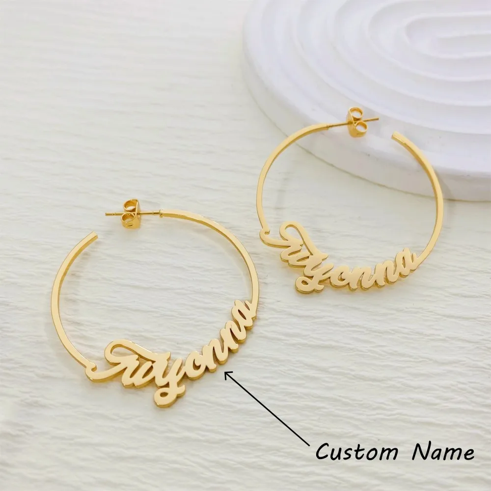 

Custom Name Hoop Earrings Personalized Name Exaggerated Big Earrings for Women Letter Nameplate Circle Jewelry Punk Earring Gift
