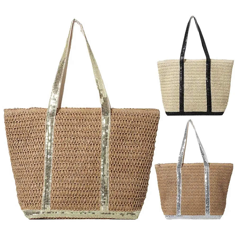

Women Crochet Beach Handbag Large Capacity Sequins Simple Shoulder Bag Contrast Color Minimalist Tote Bag Female Woven Bag