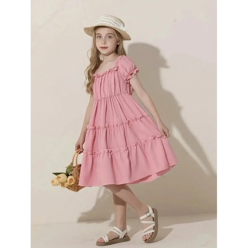 Children's Casual Elegant Solid Color Square Collar Dress with Lace Bubble Sleeves And Medium Long Skirt