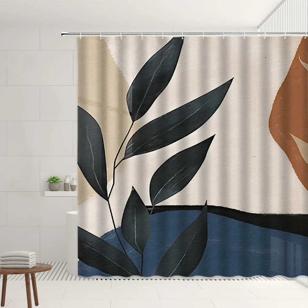 Nordic Modern Geometry Shower Curtain Set Plant Flower Green Leaf Sun Watercolor Art Wall Decoration Bathroom Curtains Polyester