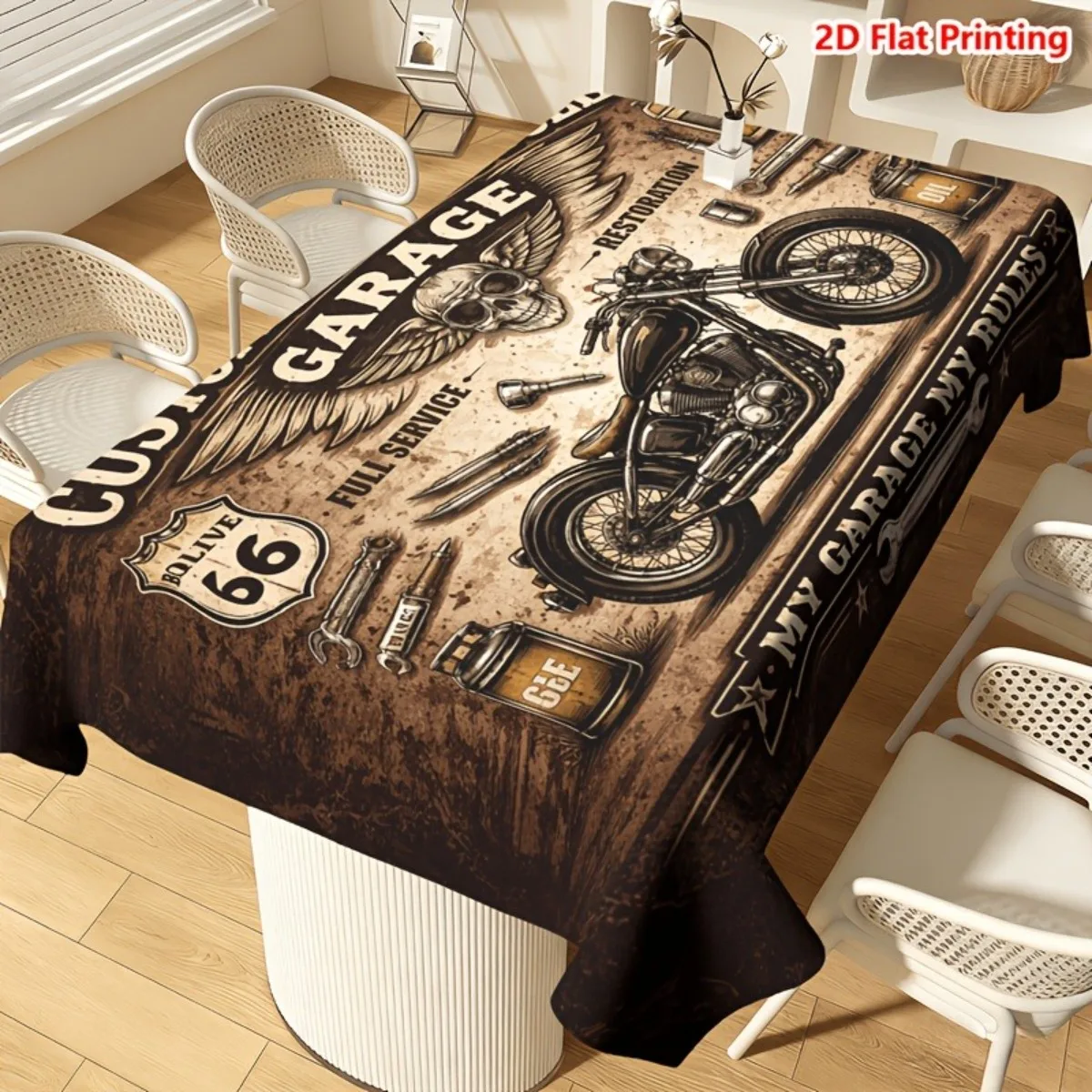 A vintage motorcycle garage-themed tablecloth, made of high-quality material, suitable for both kitchen and dining room.