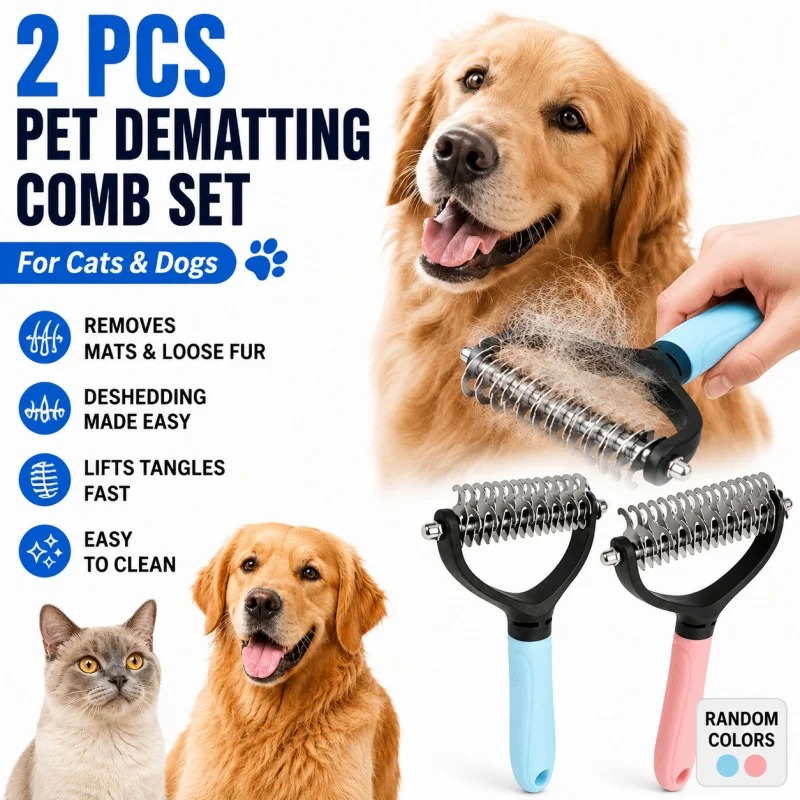 2Pcs Stainless Steel Pet Dematting Comb Double-Sided Cat Dog Grooming Brush Random Color, Knot Remover Deshedding Tool for Long