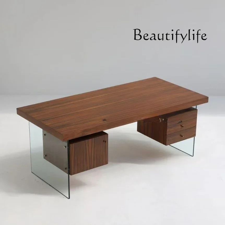 

Medieval style desk glass retro walnut color desk wabi wind minimalist modern simple high-end