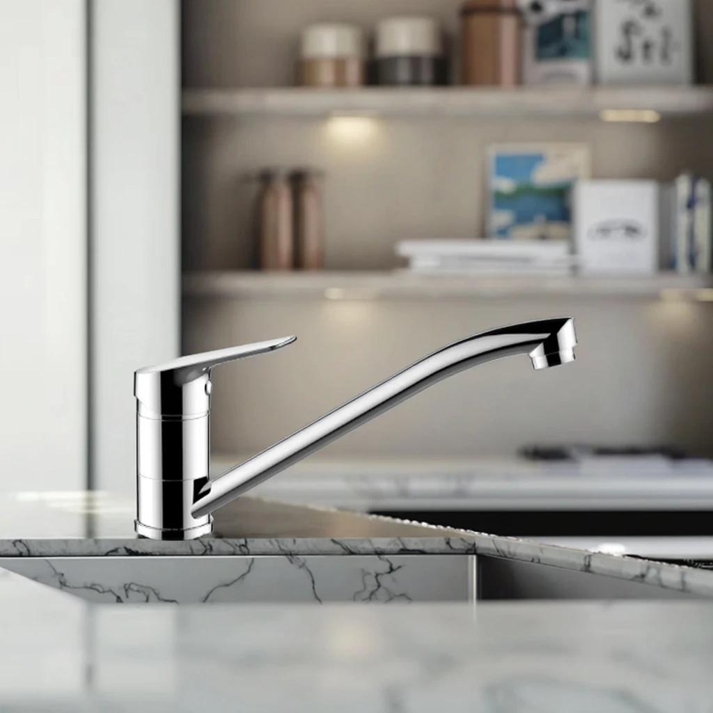 صنبور مطبخ فاخر وحديث بمقبض واحد من النحاس الصلب الأبيض ومطلي بالكروم