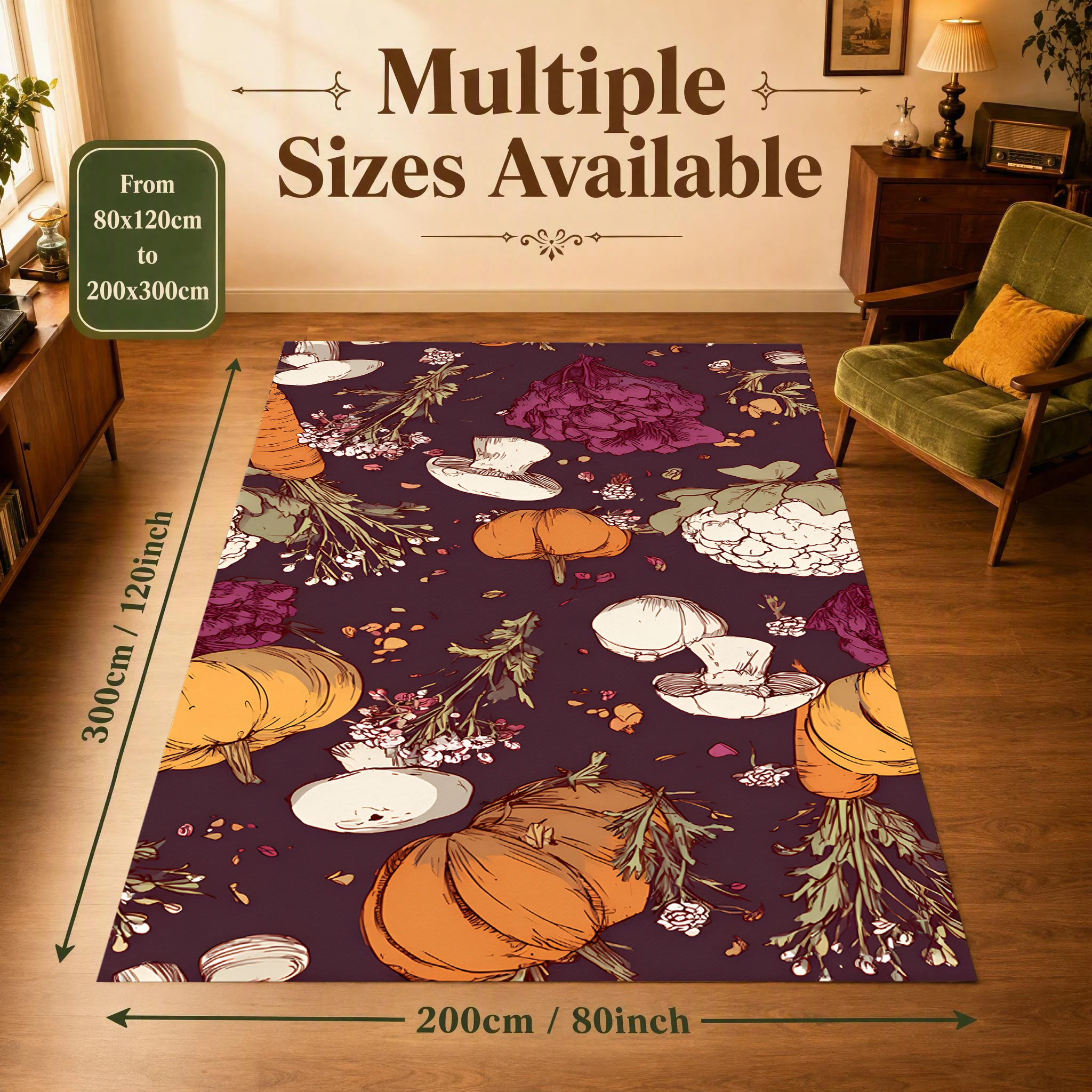 Harvest Vintage Pumpkin Mushroom Area Rug, Purple Background Vegetable Print, Autumn Winter Decor for Kitchen Living Room