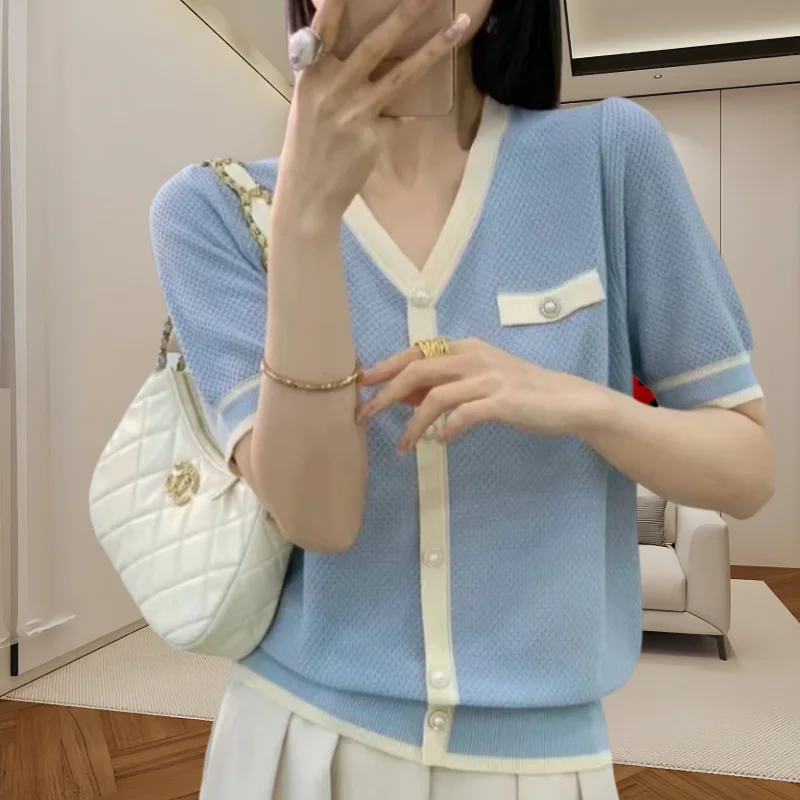 

Tencel V-neck Short Sleeves Knitted Sweater for Women Summer New Color Blocked Cardigan Thin Loose Tops Fashion Women Clothing