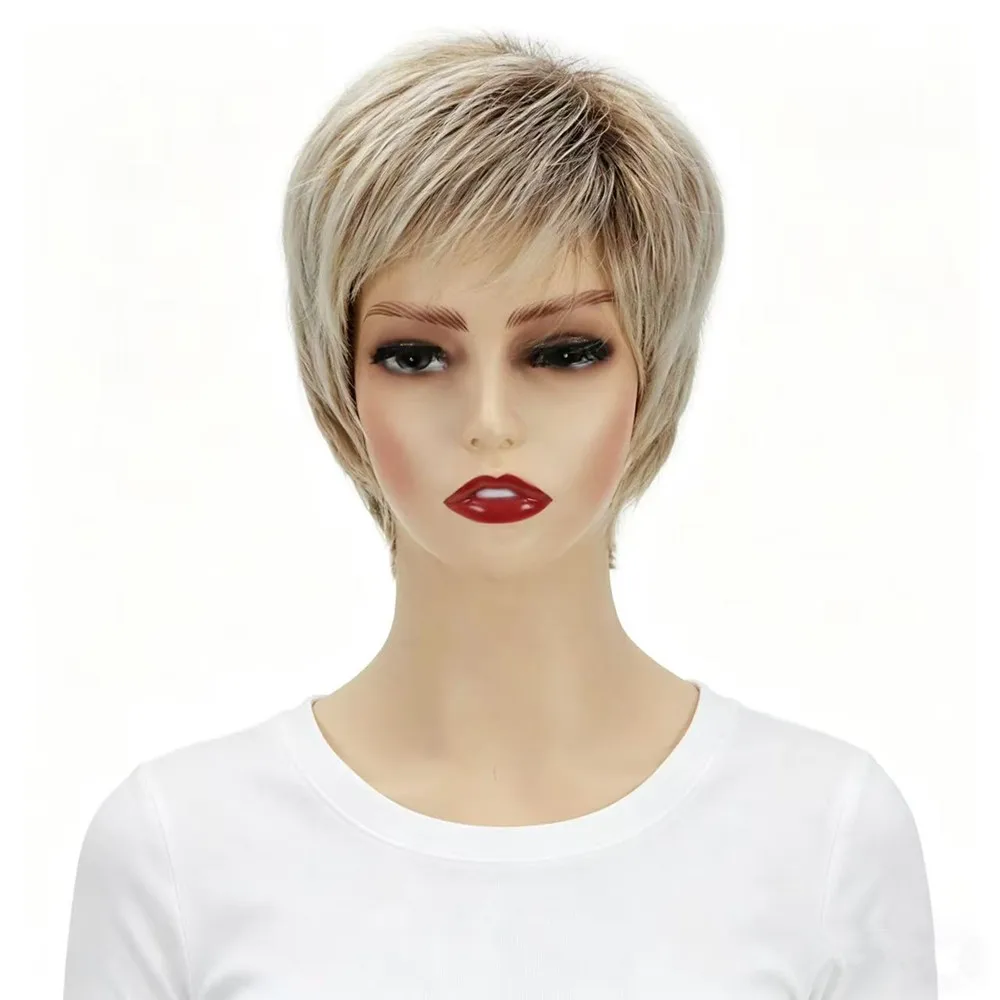 Short Blonde Pixie Cut Wigs for Women Ombre Synthetic Wig with Bangs Natural Looking Heat Resistant Fiber Wig for Daily Party
