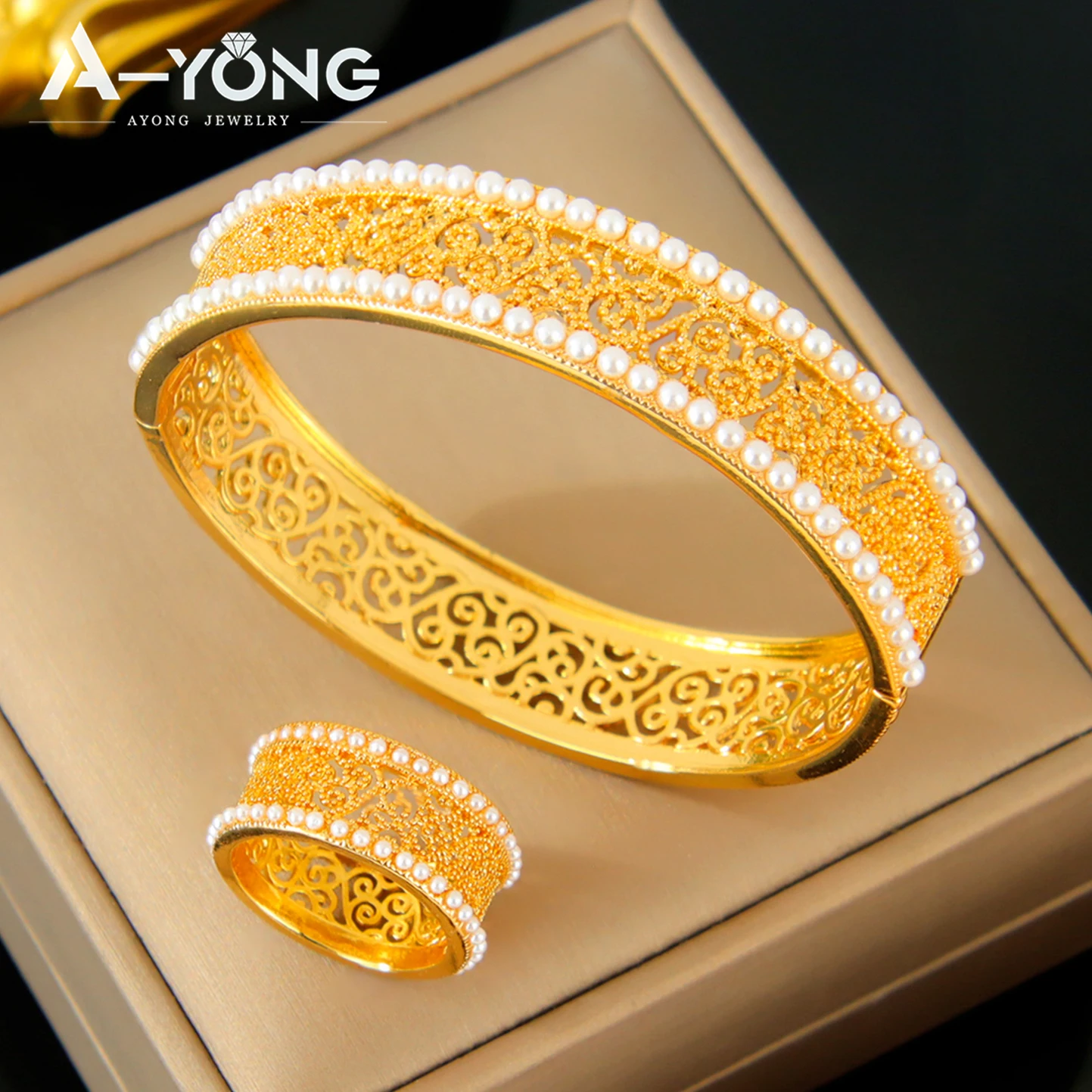 

Ethiopia Fashion Pearls Jewelry Set 21k Gold Plated Arabic Bridal Elegant Open Bangles Rings Habesha Women Wedding Party Jewelry