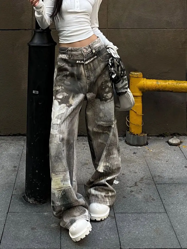 

Ripped Print Jeans Street Wear Clothes Women's Pants for Women Harajuku Fashion American Vintage Korean Streetwear Y2k Clothing