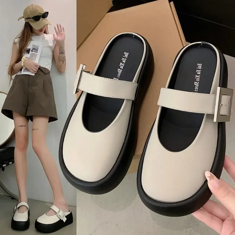 2024 New Baotou Half Slippers Women\'s Shoes Summer New Round Head Shallow Mouth Thick Bottom Increase Big Head Sandals Platform