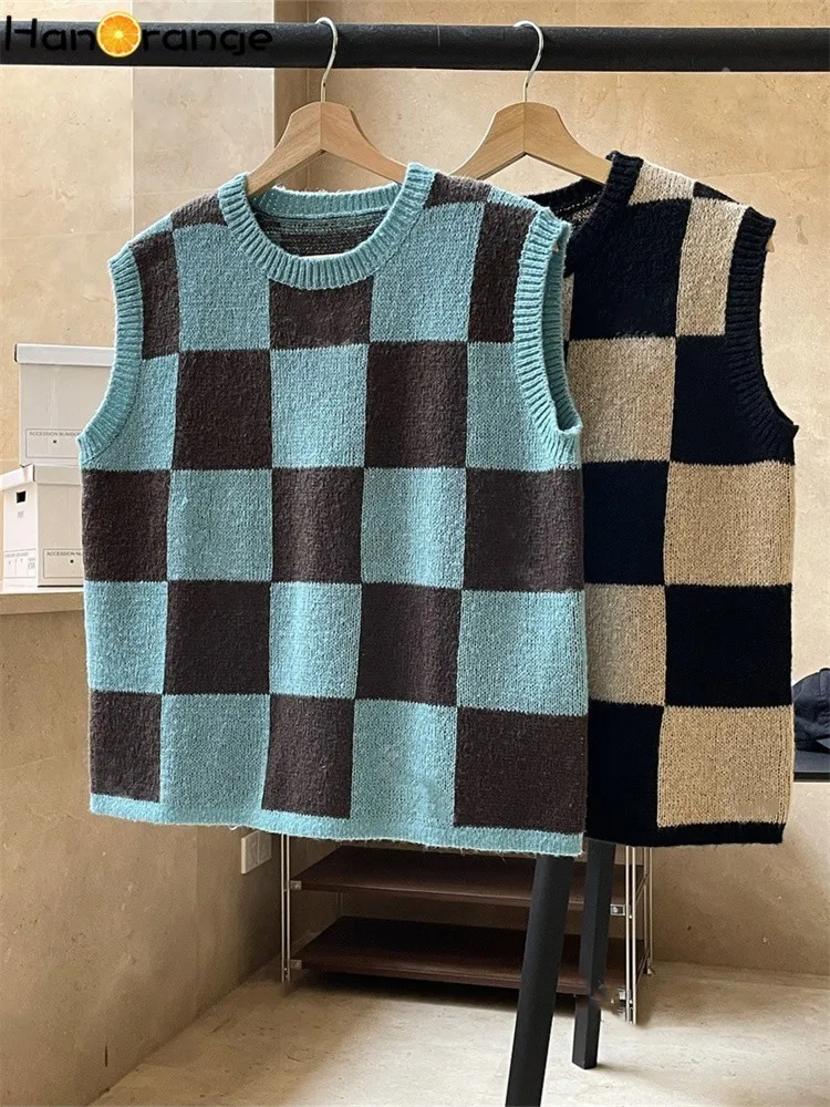 HanOrange 2024 Spring Checkerboard O-neck Vest Loose Casual Sleeveless Sweater Pullover Black Apricot/Blue Coffee