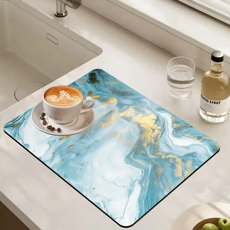 VIKAMA Cyan Blue Gold Swirl Marble Coffee Bar Mat Oil Waterproof Absorbent Non Slip Coffee Counter Protector
