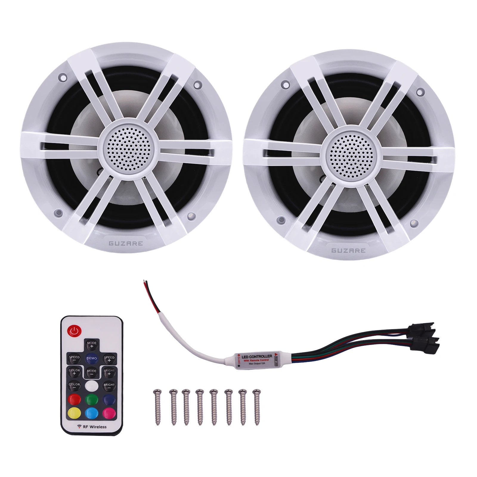 GUZARE Marine Speakers with RGB Lights,150Watts*2Pcs,IP66 Waterproof,White,for Boat / Home Music Party