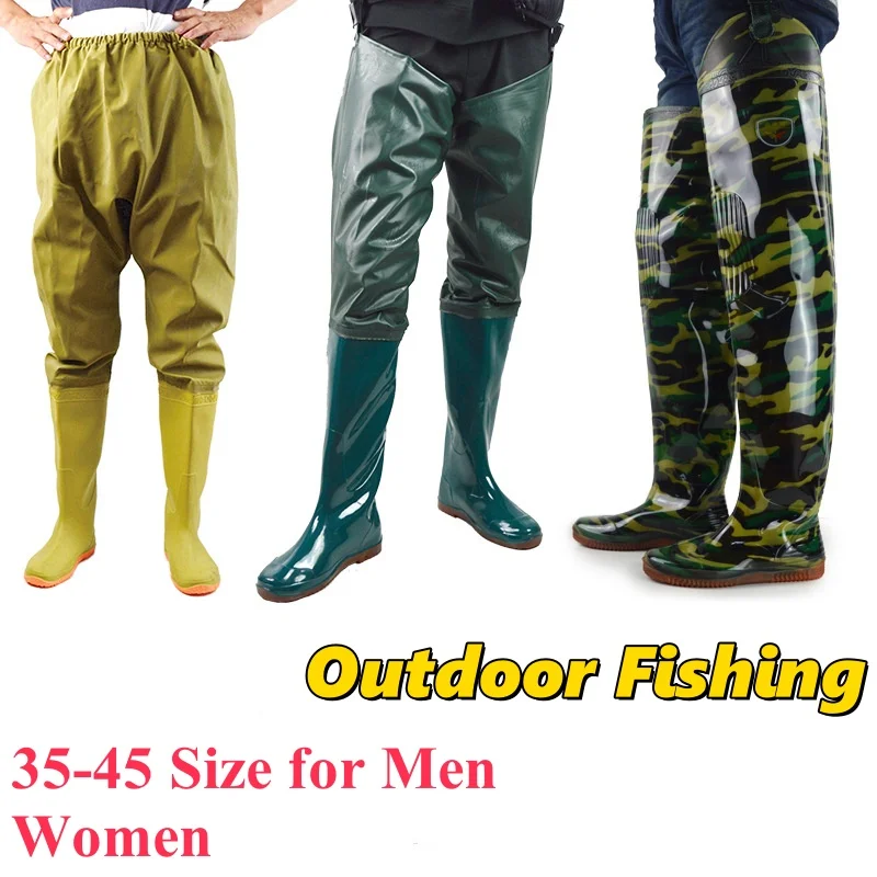 PVC Waterproof Fishing Pants Rain Boots Men Women High Tube Anti-slip Waist Knee Length Water Wading Pants 35-45 Hunting Clothes