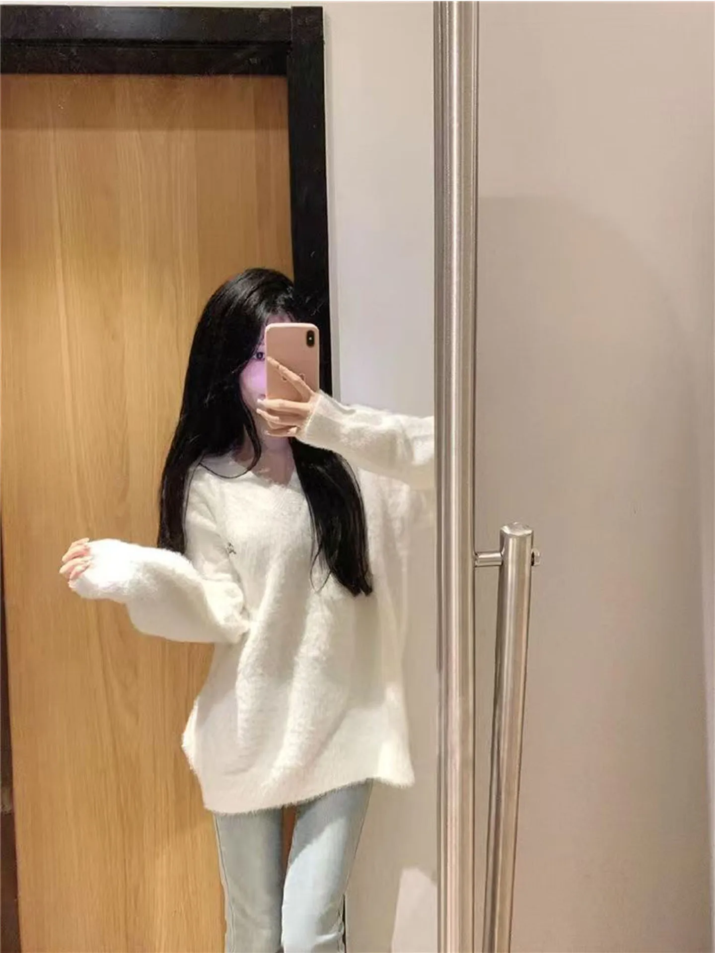 

Женский зимний мягкий свободный теплый вязаный свитер средней длины с V-образным вырезом и круглым воротом