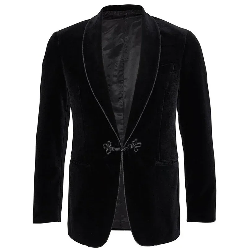 Velvet Smoking Jacket Shawl Lapel Loose Vintage Wedding Groom Blazer for Dinner Party Prom Male Suit Coat Single 1 Jacket 2024