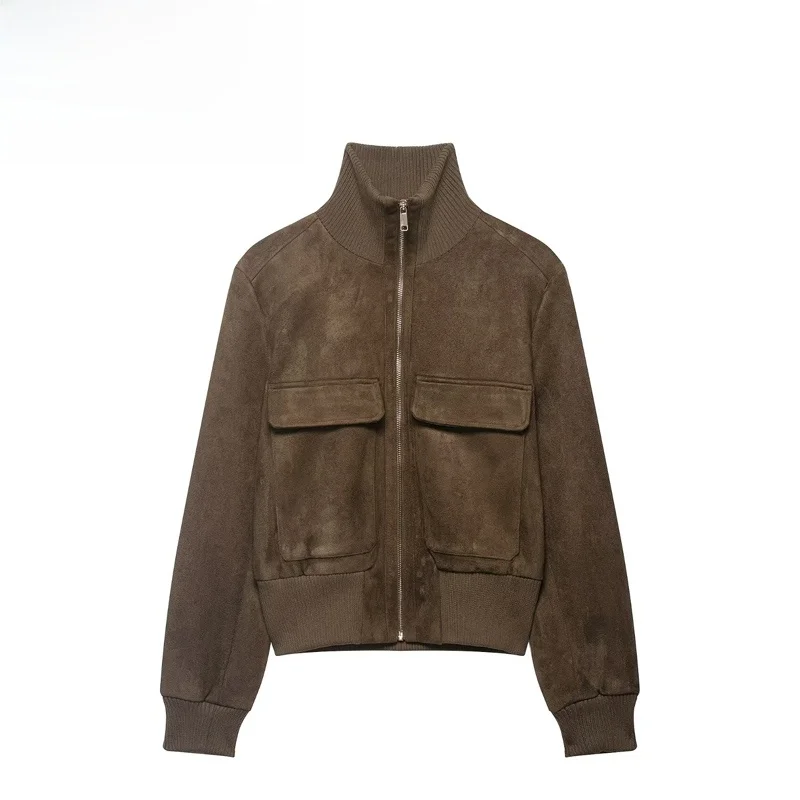 

Модная женская куртка-пилот с воротником-стойкой, отделкой в рубчик, длинными рукавами, укороченная, на молнии, из полиэстера