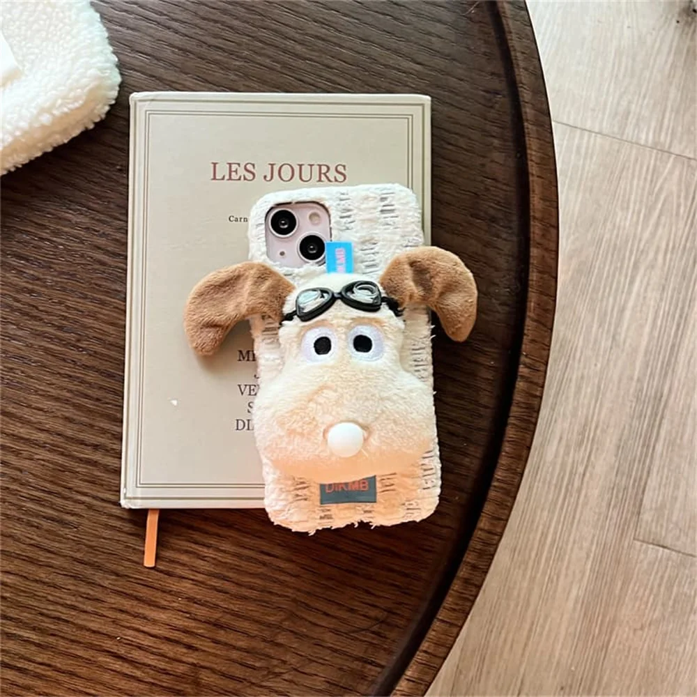 Korean luxury Cute Eyes puppy 3D Plush Phone Case for iPhone 18 17 Pro Max 15 16 17 18 Pro Cover Shockproof Cove Kawaii Cases