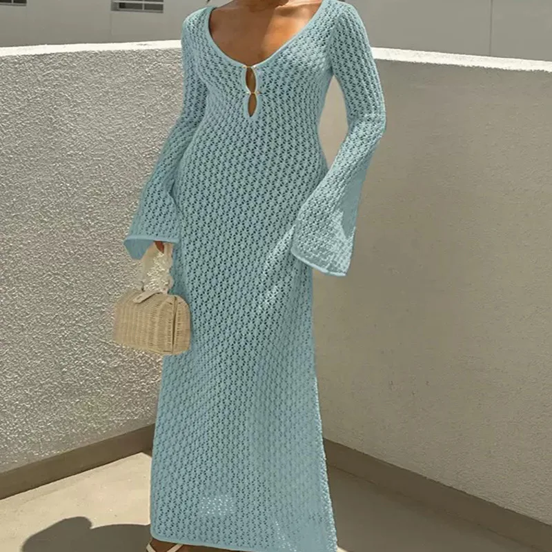 KIDCRKJ Sexy Women Long Knit Sleeve Bikin Fashion Cover Up Female See-Through Deep V-Neck Hollow-Out Beach Backless Dress
