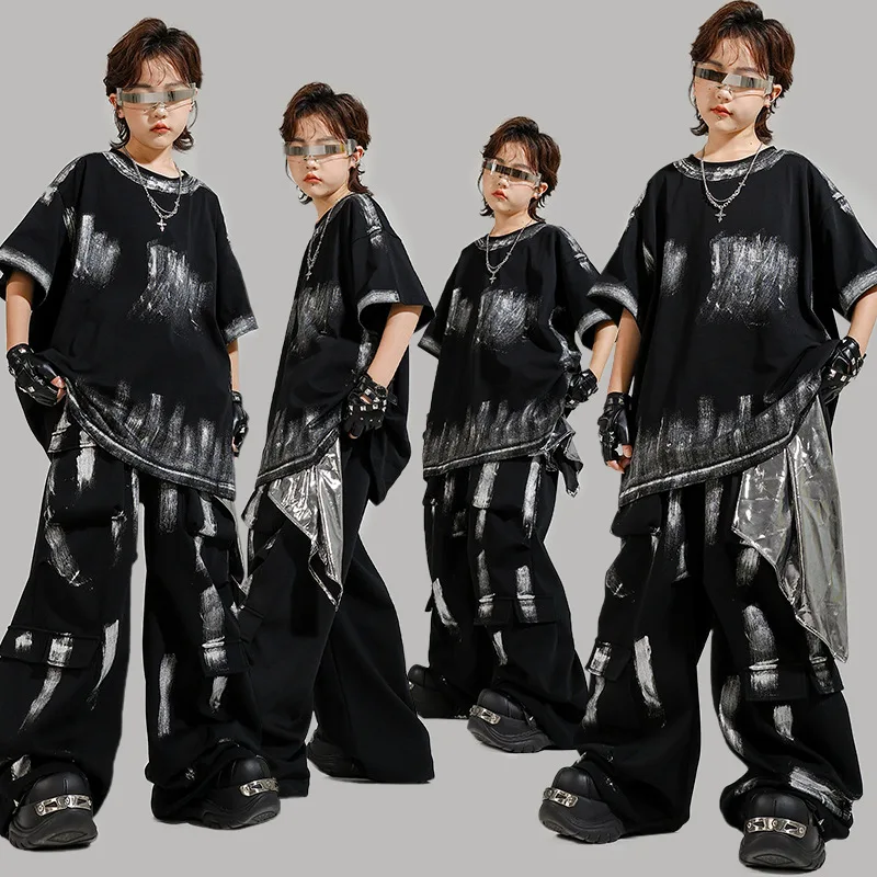

Kid Kpop Hip Hop Clothing Black Graffiti Print T Shirt Top Casual Wide Cargo Sweat Pants for Girl Boy Dance Wear Costume Clothes