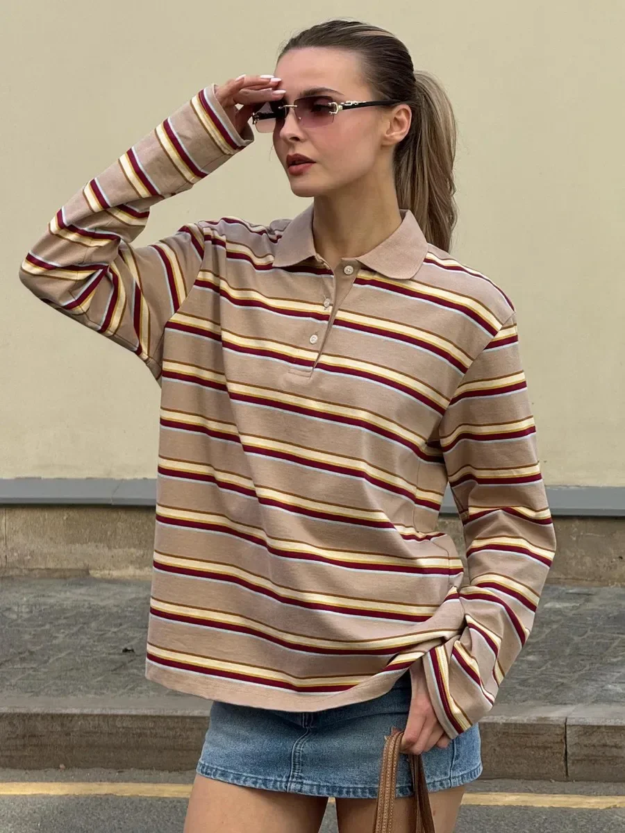 

Spring Summer New Women's Retro Striped Polo Collar Oversized Long Sleeve T - Shirt Trendy Casual Loose Basic Top