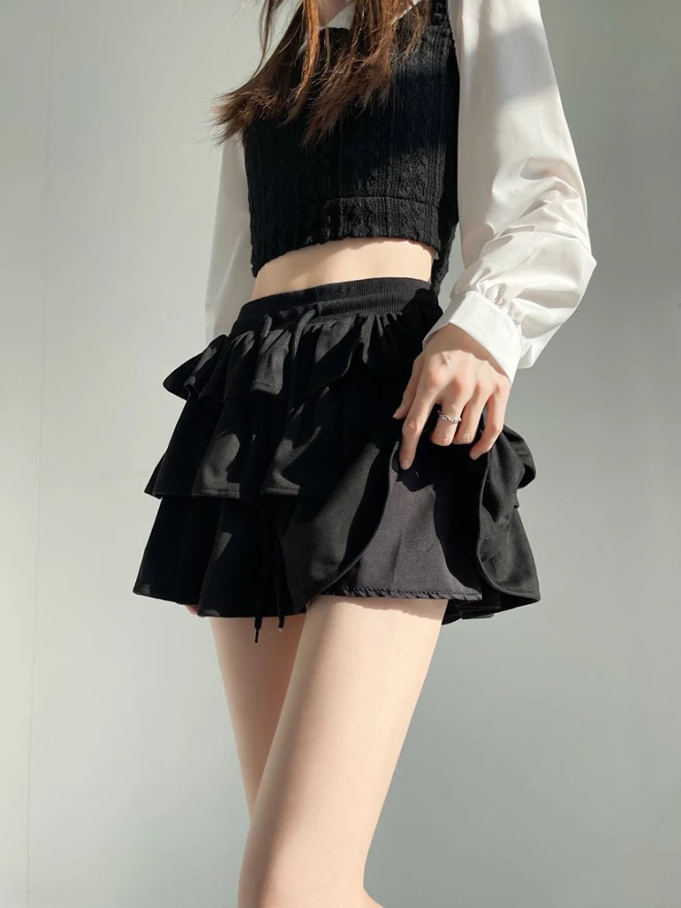 Falda de gamuza informal Retro americana para mujer, vestido de baile escolar elástico de cintura alta, faldas cortas con volantes para mujer