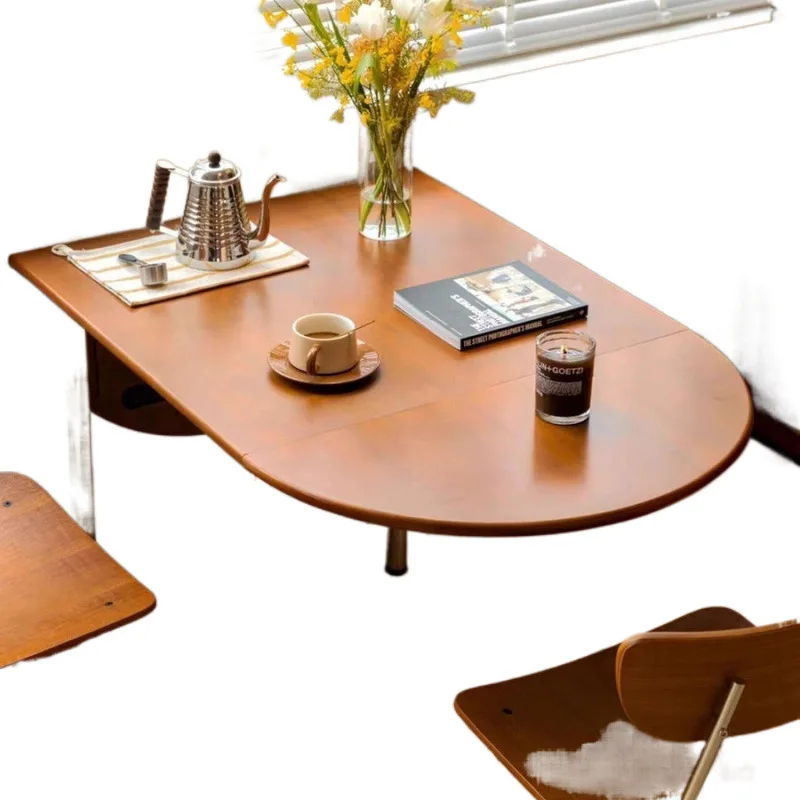 Medieval oval coffee folding dining table household retro small apartment stainless steel retractable pull-out dining