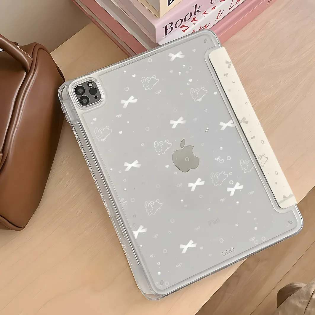 Cute Bunny Rabbit White Bow For iPad Case iPad Air4 5 6 Pro 11 12.9 13 M4 10.9 Mini 7 6 Smart Y Folded Edge Case with Pen Holder
