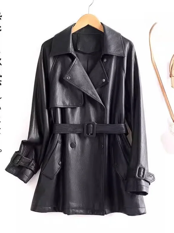 

Женская кожаная куртка 2025: Новая весенняя модель, высококачественная кожаная ветровка из натуральной овчины, средней длины, черная, из Хайнина