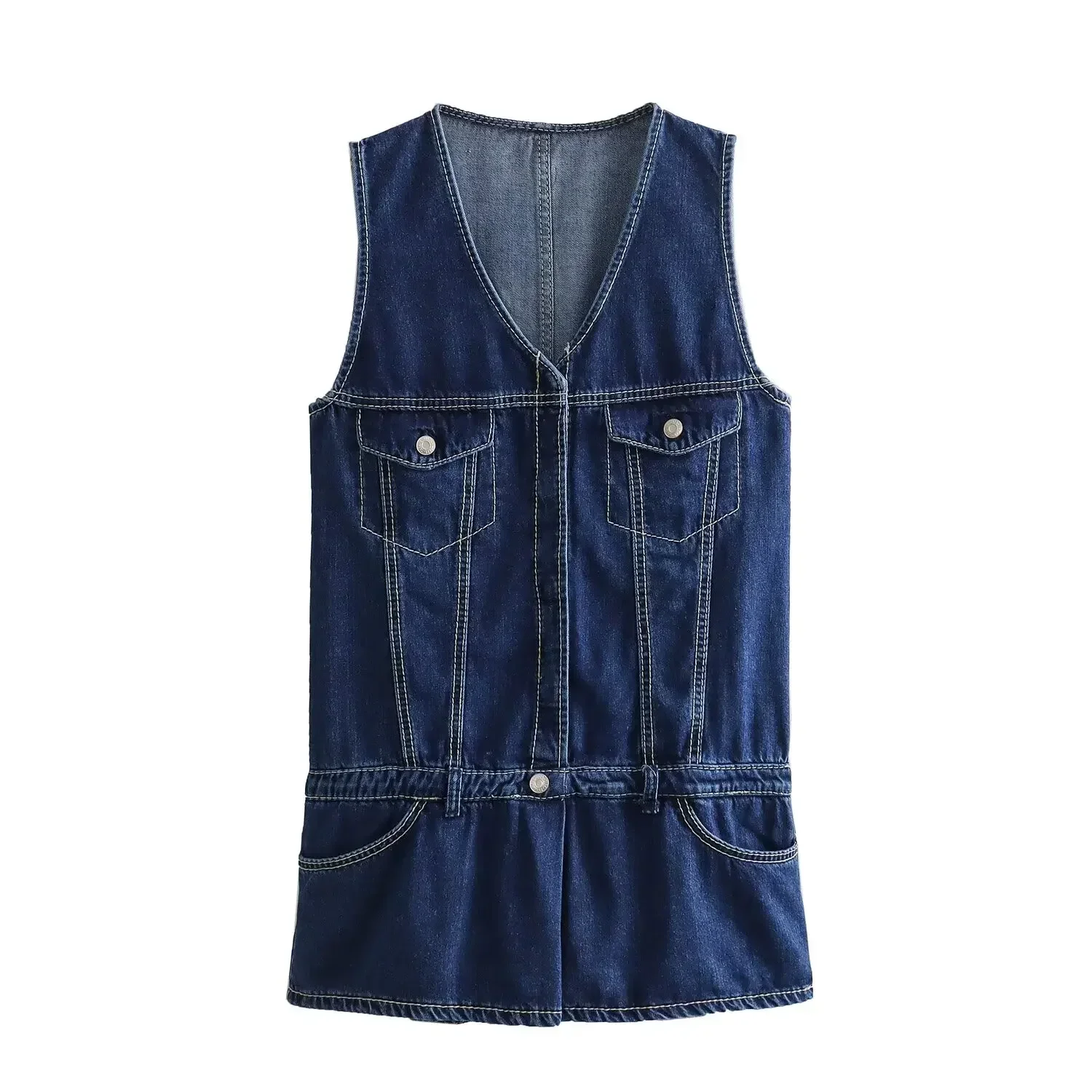 Combinaison courte en denim à col en V pour femmes, mode unique, décoration de couture, décontracté, rétro, sans manches, poche