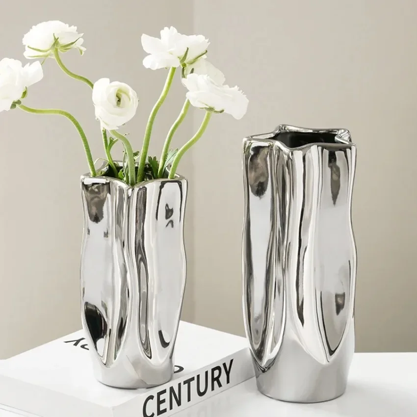 Ceramic Vase Luxury Electroplated Silver Flower Arrangement Irregular Porcelain Hydroponic Vase Ornament Interior Art Decoration
