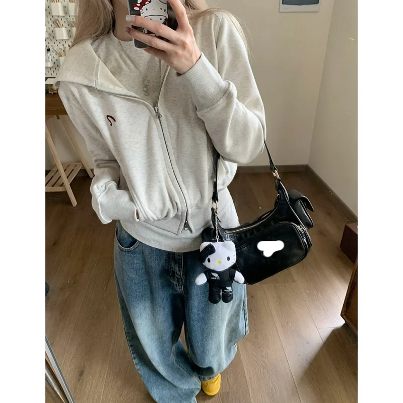 Grey Jacket Sweatshirt Women Vintage Hooded Coat Long Sleeve Streetwear Fashion Casual Y2K Style Winter 2023 Female Plush Tops