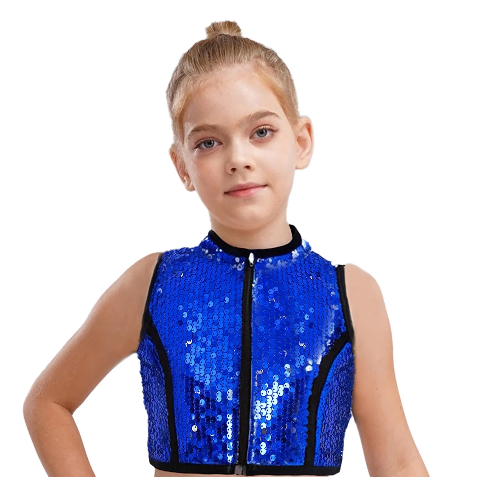 

Kids Sparkling Sequins Vest Crop Tops Waistcoat Jazz Dance Performance Clothes Halloween Theme Party Circus Cosplay Costume