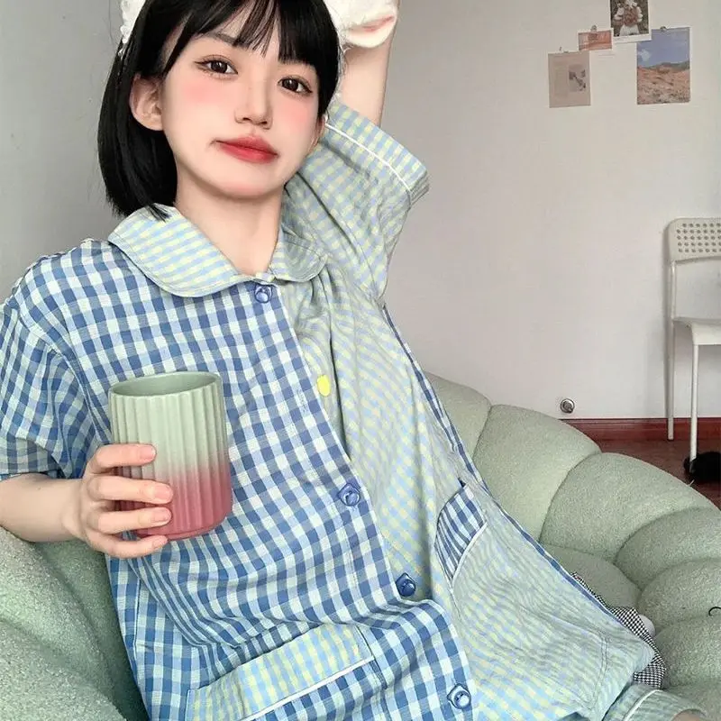 Plaid Sleepwear Women Pajama Sets Korean Patchwork Pijama Shorts Sets 2 Pieces Peter Pan Collar Night Wears Button Home Suit New