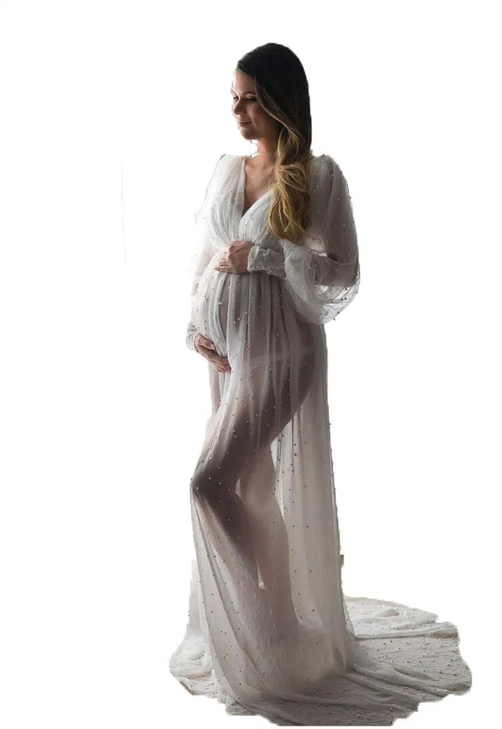 New Prom Dresses Photo Shoot Gowns Maternity Beads Photoshoot V-Neck Long Sleeves Pregnant Photography Props Baby Shower Dress