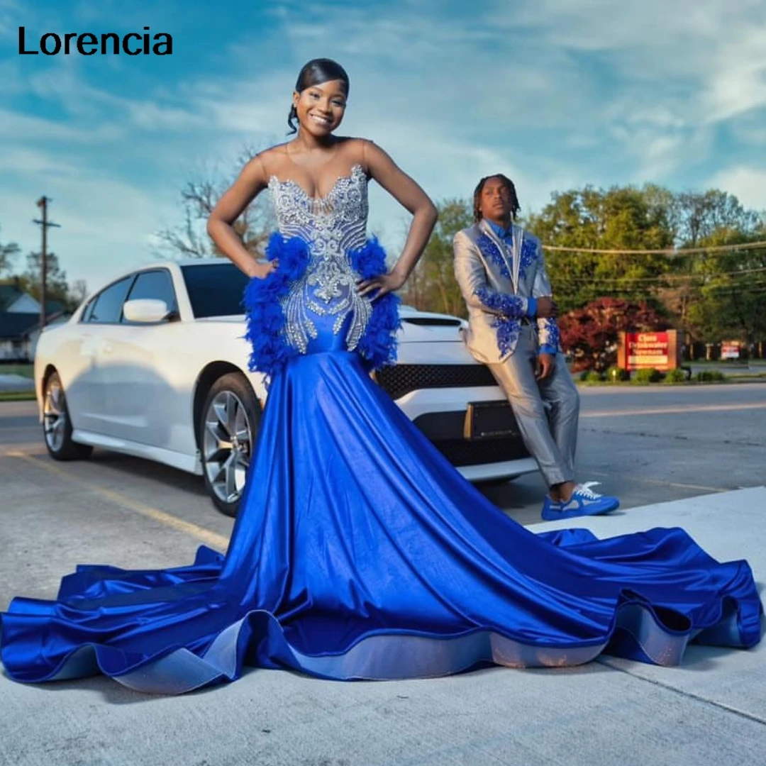 Customized Royal Blue Mermaid Feather Prom Dress For Black Girls Silver Rhinestones Beaded African Party Gala Gown YPD158