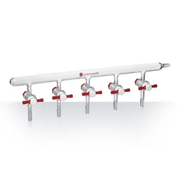 SYNTHWARE Vacuum gas distributor with single row pipe, VACCUM MANIFOLD, PTFE STOPCOCKS, Borosilicate glass, M19