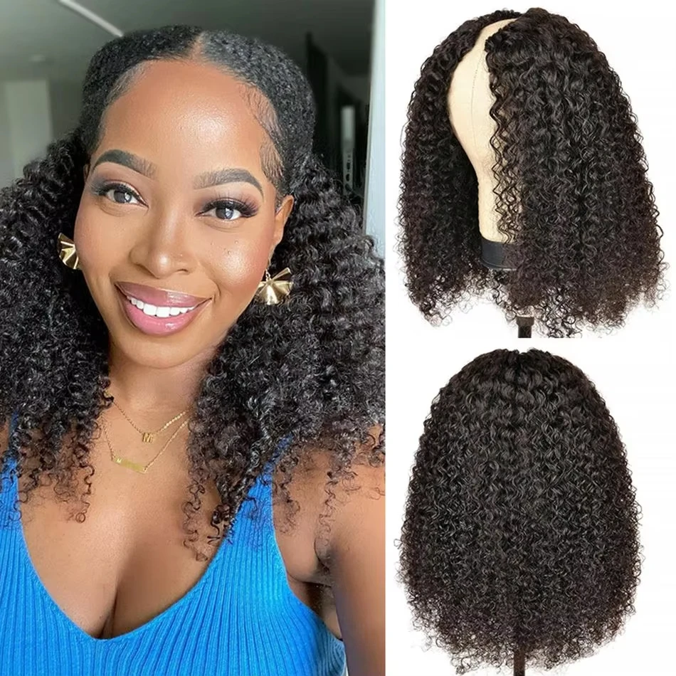 Afro Kinky Curly V Part Human Hair Wig No Leave Out Thin Part Malaysian Full Machine Made Hair Wigs for Women 200 Density Afro