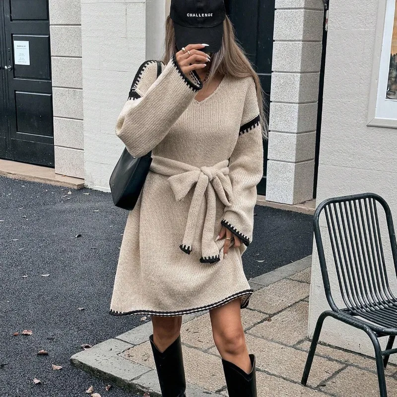 

Women Slouchy Fashion Tie Waist Dress Loose Knit V-neck Long Sleeve Fall Mid-length Comfortable Breathable Dresses White Dress