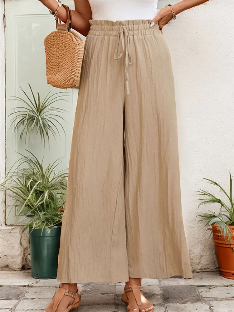 

JIM & NORA Summer European and American texture wide leg pants casual comfortable lace-up elastic waist wide leg pants