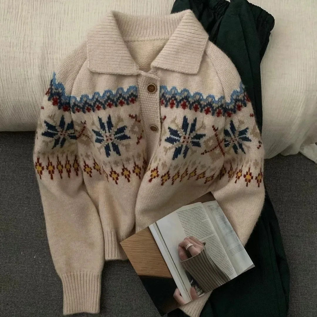 

Women Sweater Long Sleeve Print Jumpers Single Breasted Cardigan Loose Pockets Autumn Casual 2025 Slight Strech Knitted