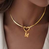 Dainty Classic Initial Hollow Heart Pendants Gold Plated Stainless Steel Letter Necklace Herringbone Chain Necklaces For Women