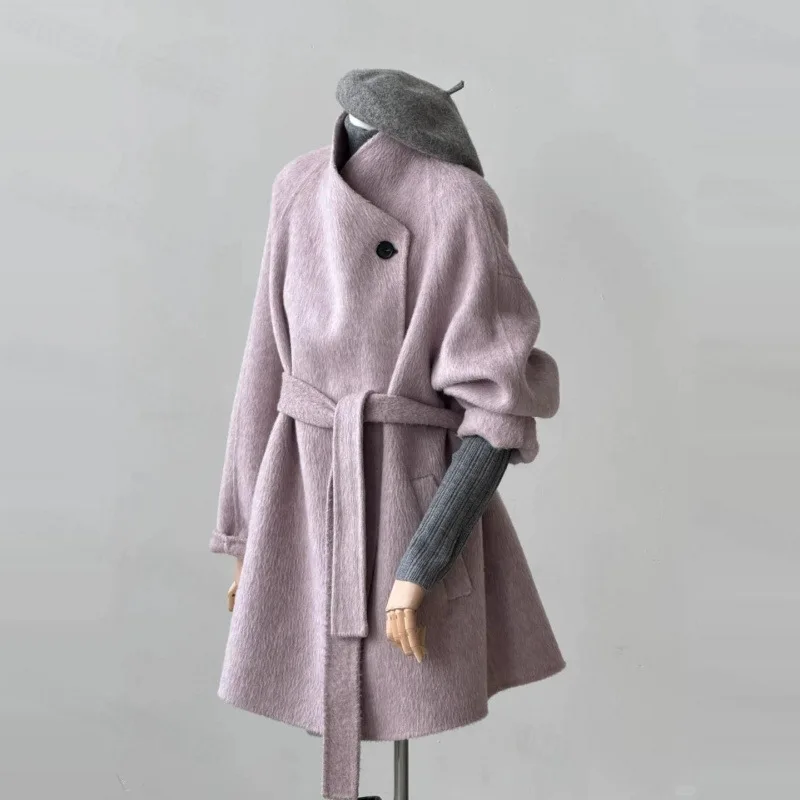 معطف صوفي نسائي عصري فضفاض مناسب برقبة دائرية متعدد الألوان للخريف/الشتاء صوف على الوجهين