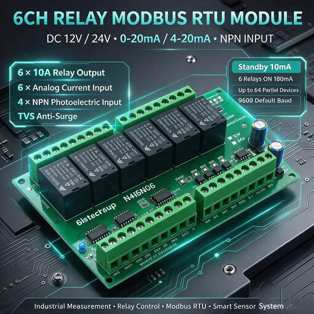 6CH RS485 Modbus RTU IO Module 6AI 4 Opto-Isolated NPN DI 10A Relay Output 4-20mA Current Acquisition DC12V/24V DIN Rail
