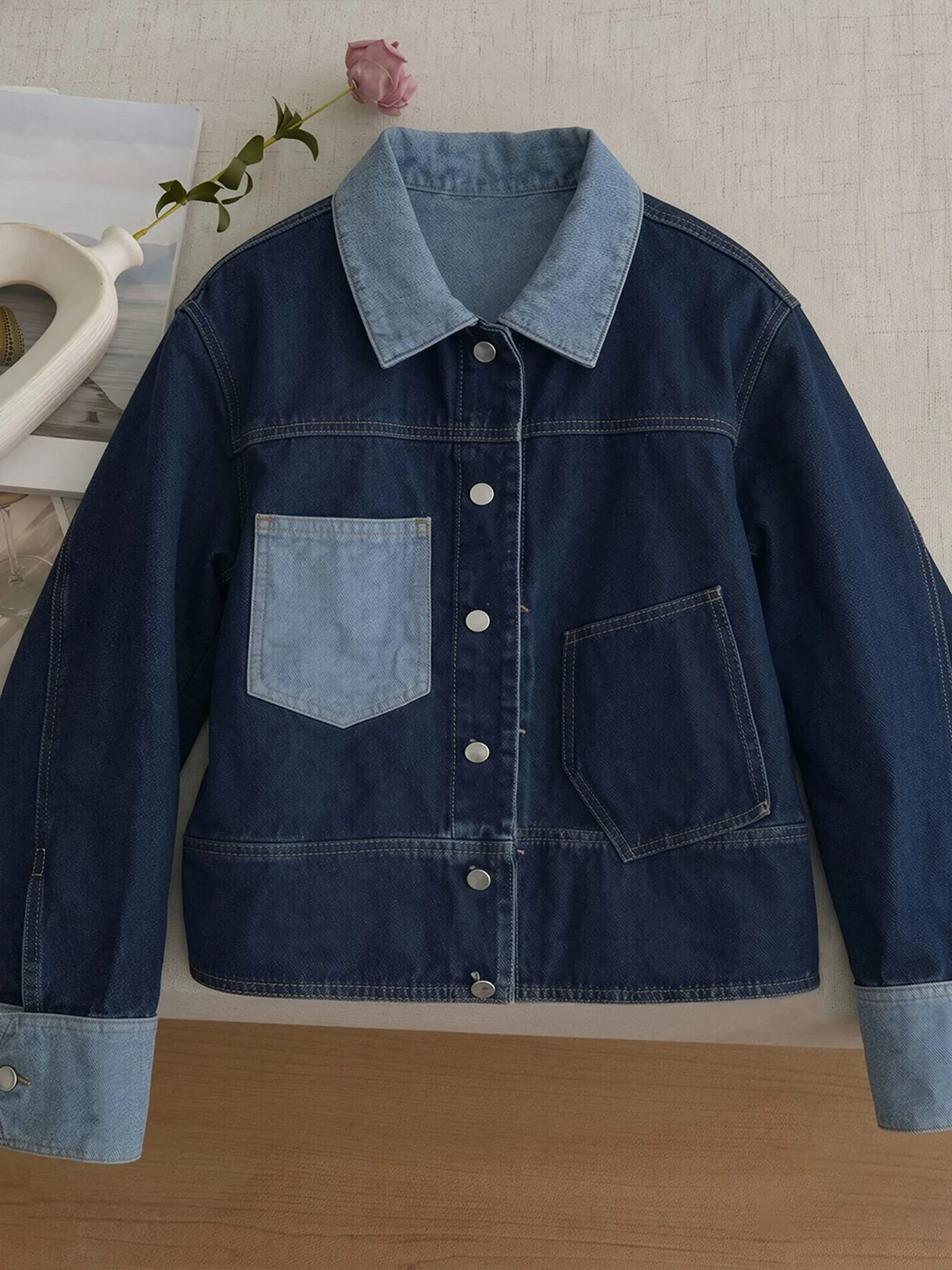 Retro Color Block Short Denim Jacket Women's Spring Autumn Design Sense Patchwork Casual Style Button up Top