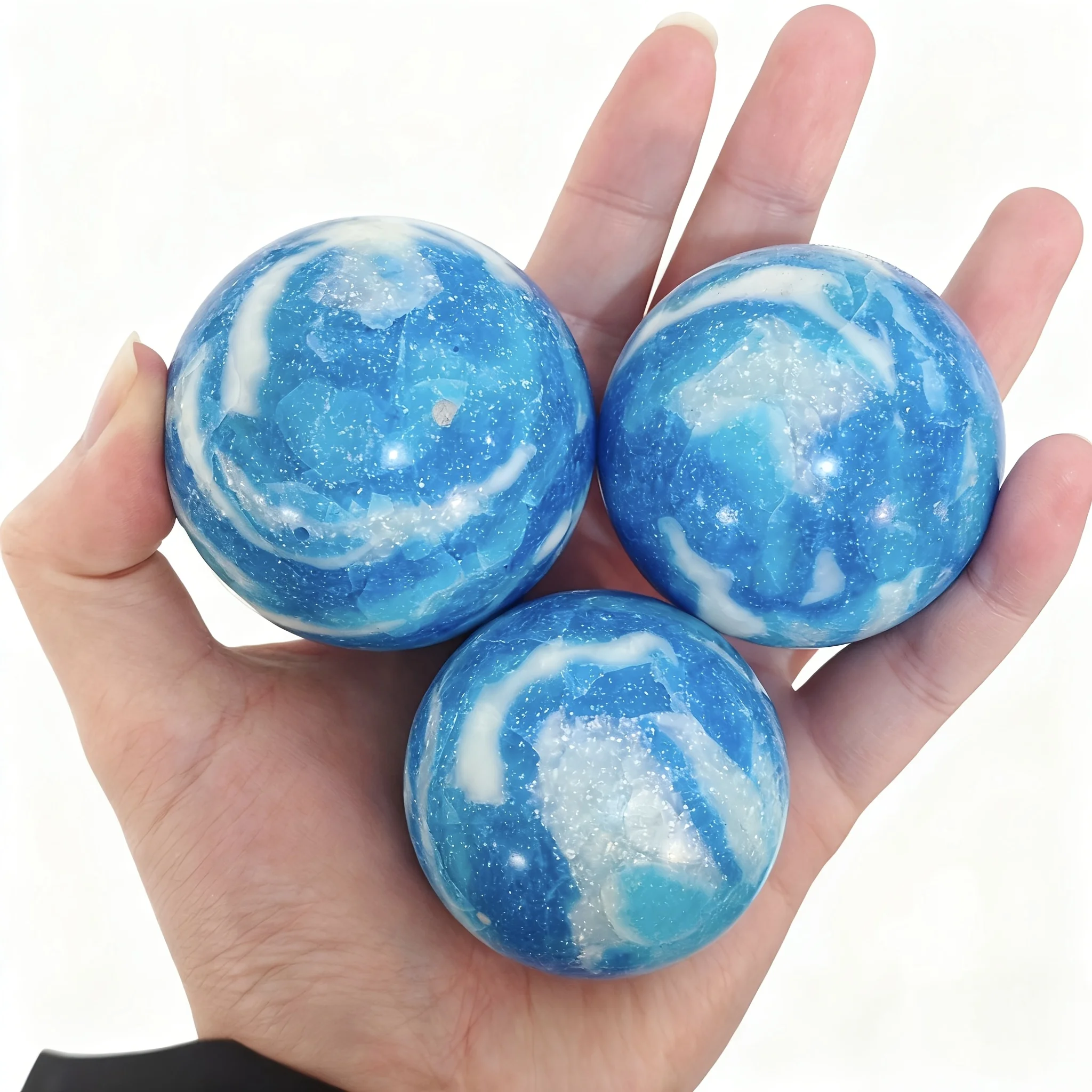 1pc Dominican Larimar Sphere - Quartz Ball with Blue & White Marbled - Bohemian Style Home Decor