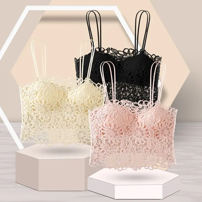 Female Lingerie Bras Crop Top Women Sexy Lace Tops Flower Embellishment Lady\'s Underwear Bralette Black Tube Top Woman Clothes