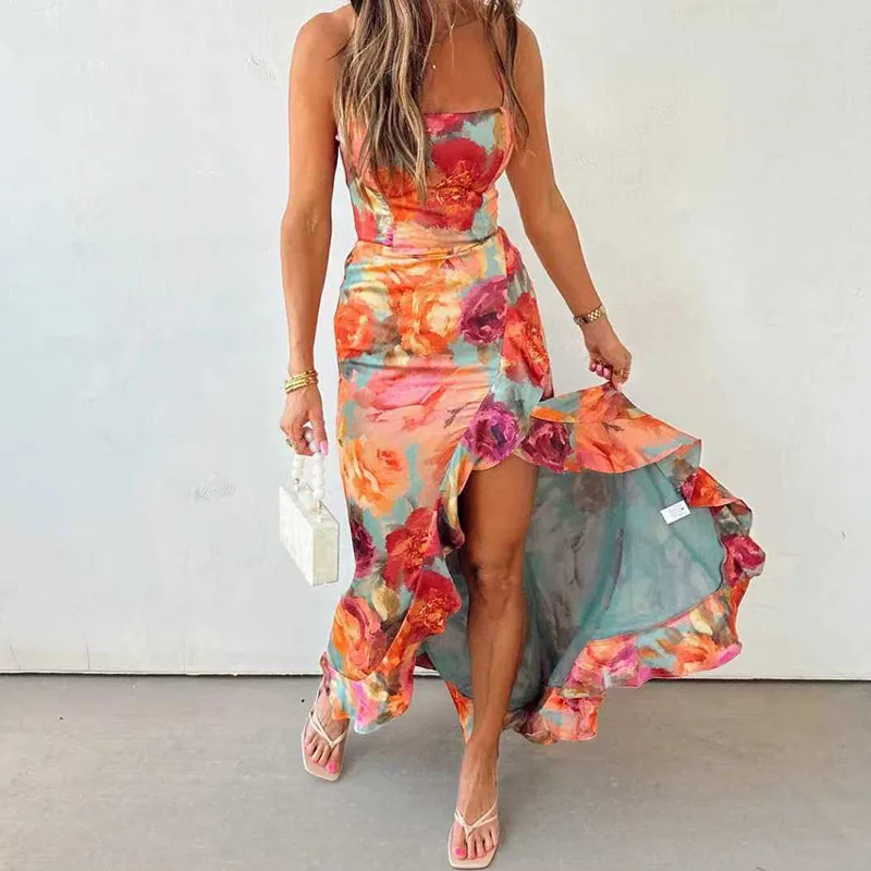 Casual Sleeveless Backless Tie Up Dress Summer New Low Cut Pleated Evening Dress Fashion Hot Girl Irregular Floral Printed Dress