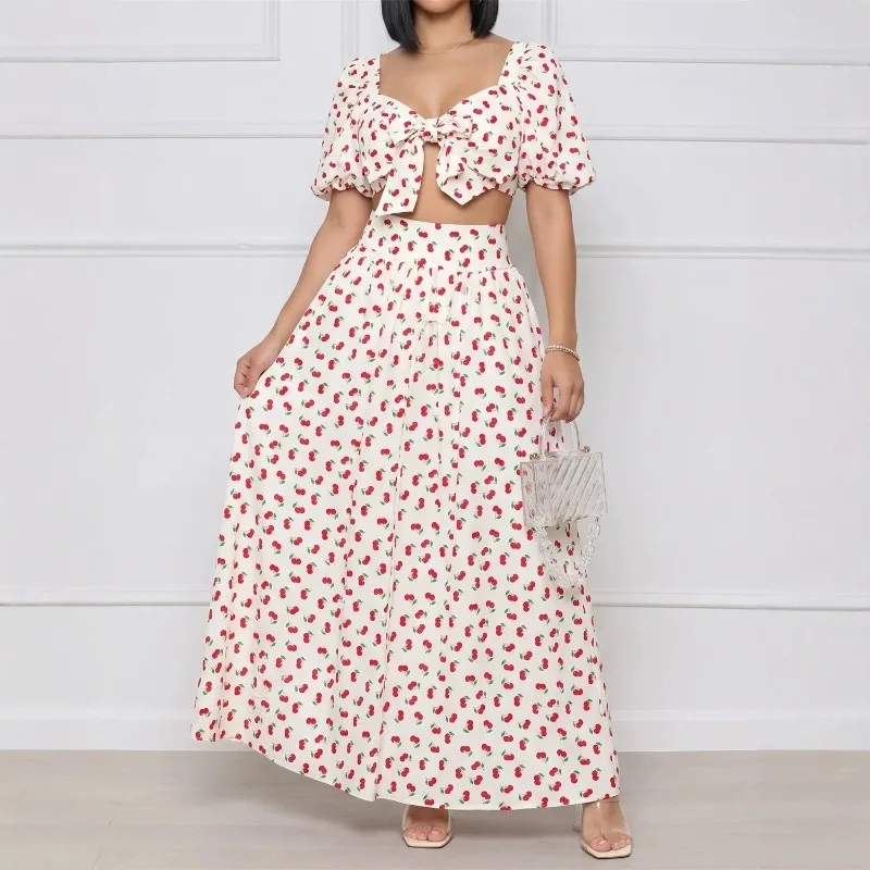ダシキ-アフリカンウェア-女性用-夏ファッション-半袖-ポリエステルプリント-2ピース-トップス-スカート-マッチングセット-アフリカ服